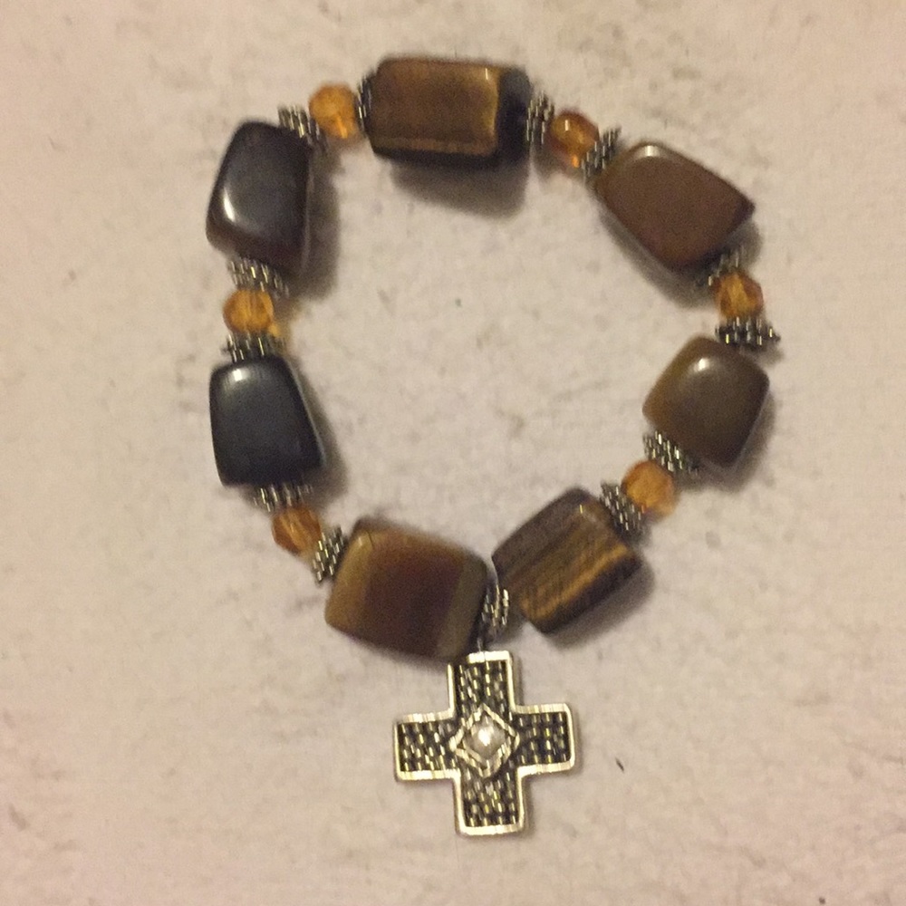 Stretchy Tiger’s Eye and Silver Cross Bracelet